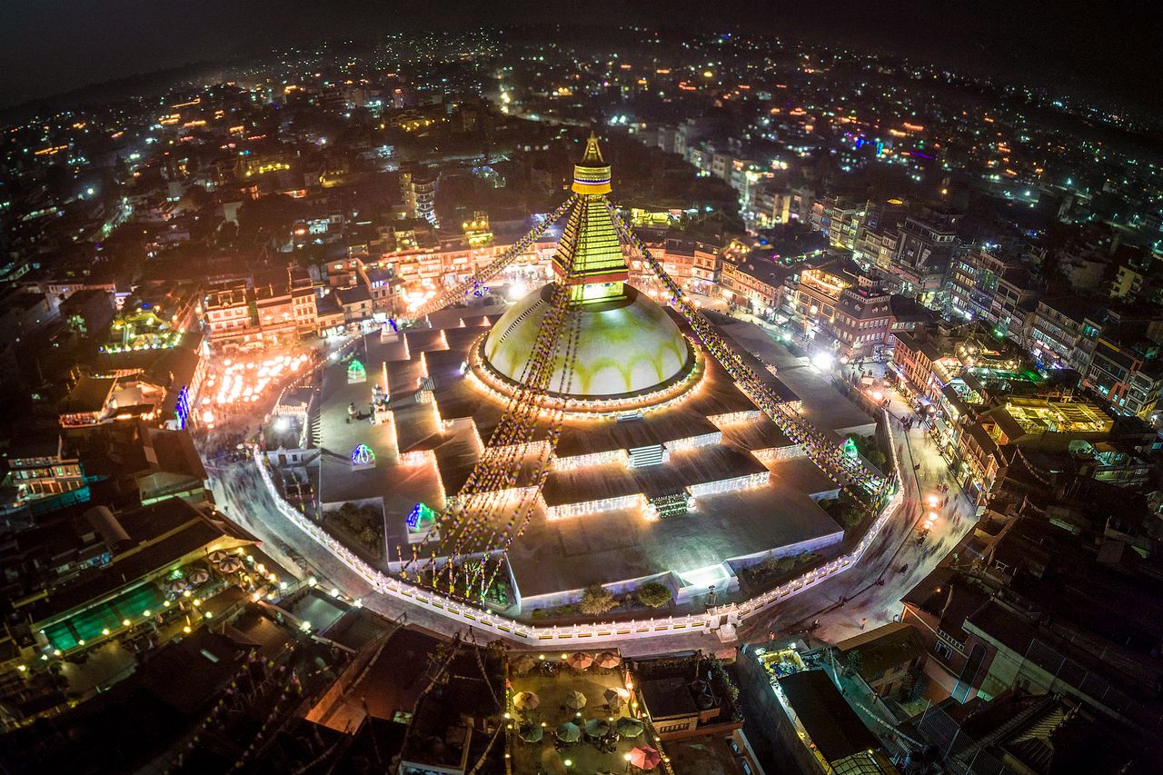 Festival Aa Fire Boudhanath Stupa Nachtfoto. Kathmandu